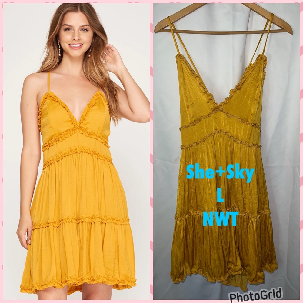 She + Sky Mustard Ruffle Mini Dress